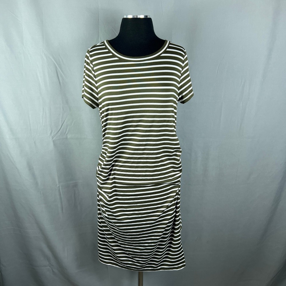 Heart & Hips T Shirt Dress Womens XL Green White Striped Stretch Side Ruched